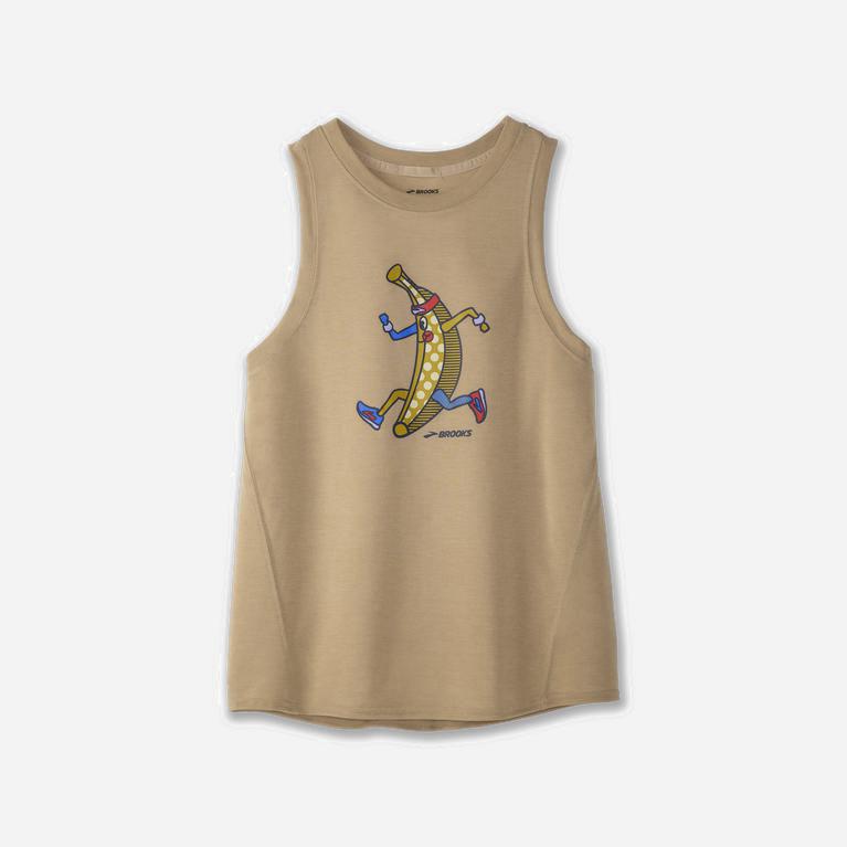 Brooks Distance Graphic NZ - Women's Running Tank Top - Heather Oatmeal/Banana/Black (30195-PYHZ)